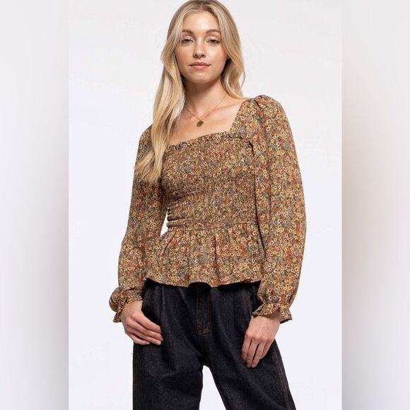 Papaya Floral Top Cross Back Ruffle Square Neck Smocked Medium - Picture 3 of 10